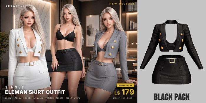 [LECASTLE] Eleman Skirt Outfit BLACK • Legacy • Perky • Bombshell • LaraX • PetiteX • Reborn • Reborn Waifu