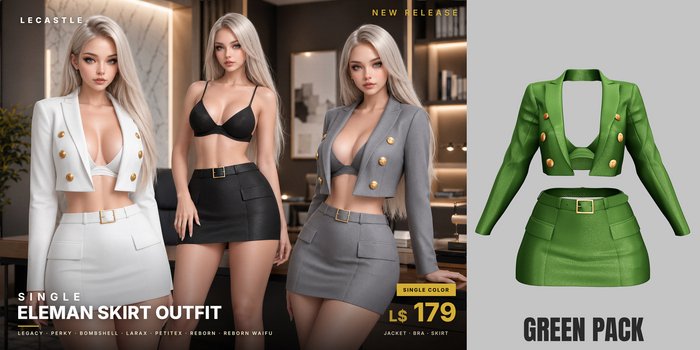 [LECASTLE] Eleman Skirt Outfit GREEN • Legacy • Perky • Bombshell • LaraX • PetiteX • Reborn • Reborn Waifu