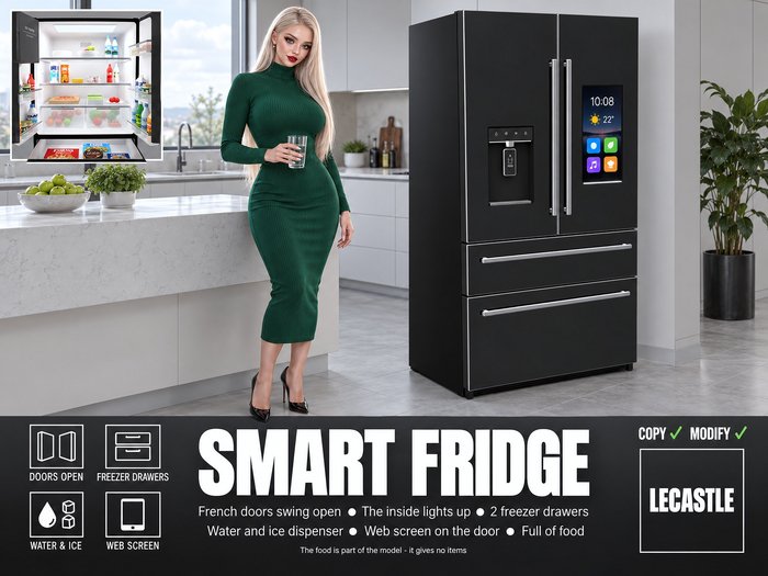 [LECASTLE] Smart Fridge - French Door Fridge: Opening Doors + Freezer Drawers, Water / Ice Dispenser, Web Screen, Food Inside