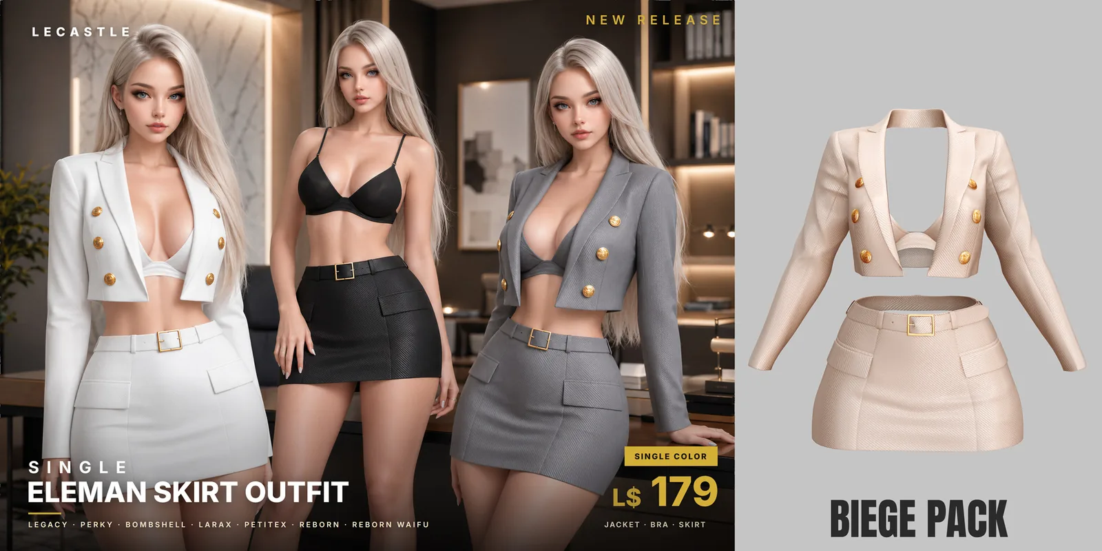 [LECASTLE] Eleman Skirt Outfit BIEGE • Legacy • Perky • Bombshell • LaraX • PetiteX • Reborn • Reborn Waifu