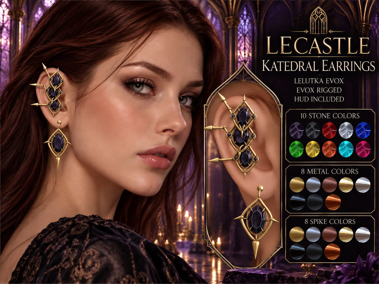 [LECASTLE] Katedral Earrings Fatpack • LeLUTKA EvoX • EvoX Rigged • HUD