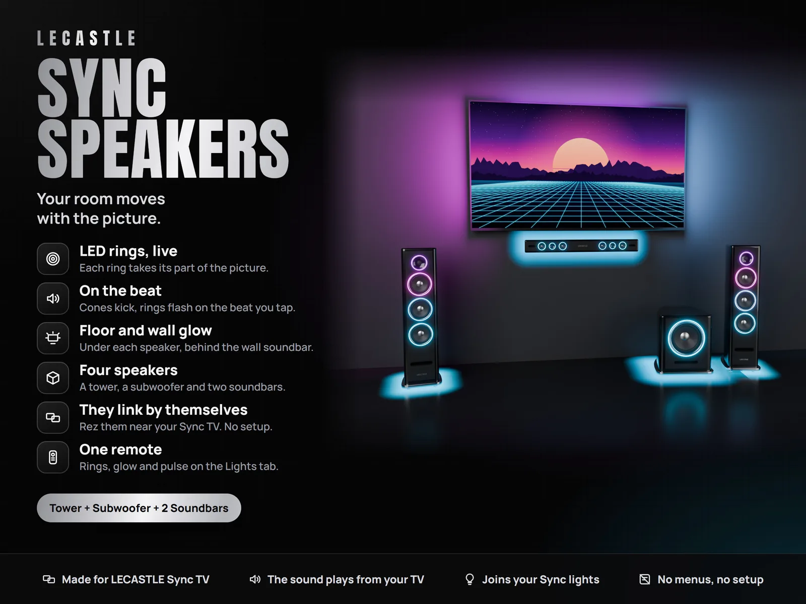 [LECASTLE] Sync Speakers - Sync TV Add-on: Tower, Subwoofer & Soundbars, Live LED Rings