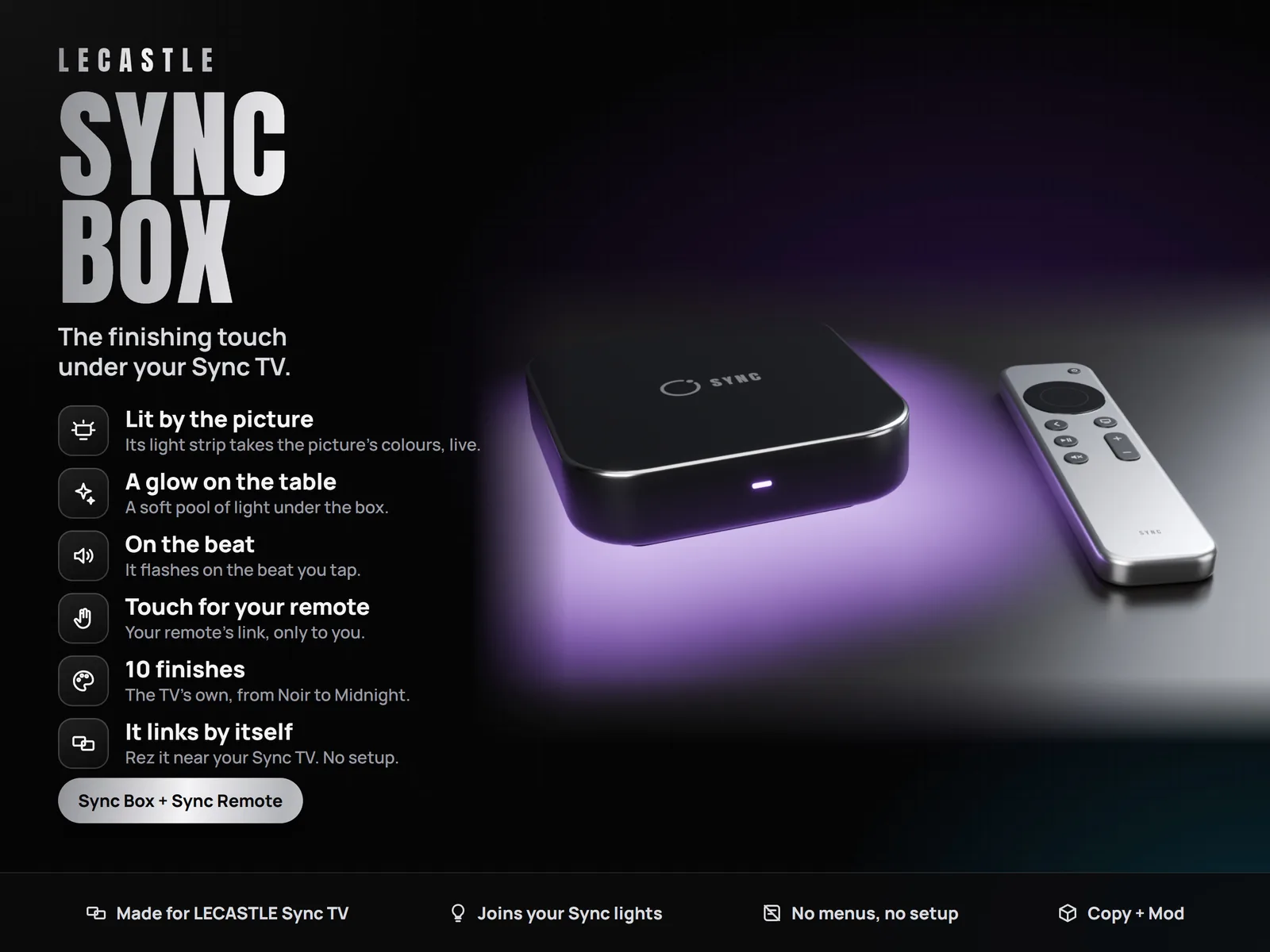 [LECASTLE] Sync Box - Sync TV Add-on: Set-Top Style Box + Remote, LED Glow