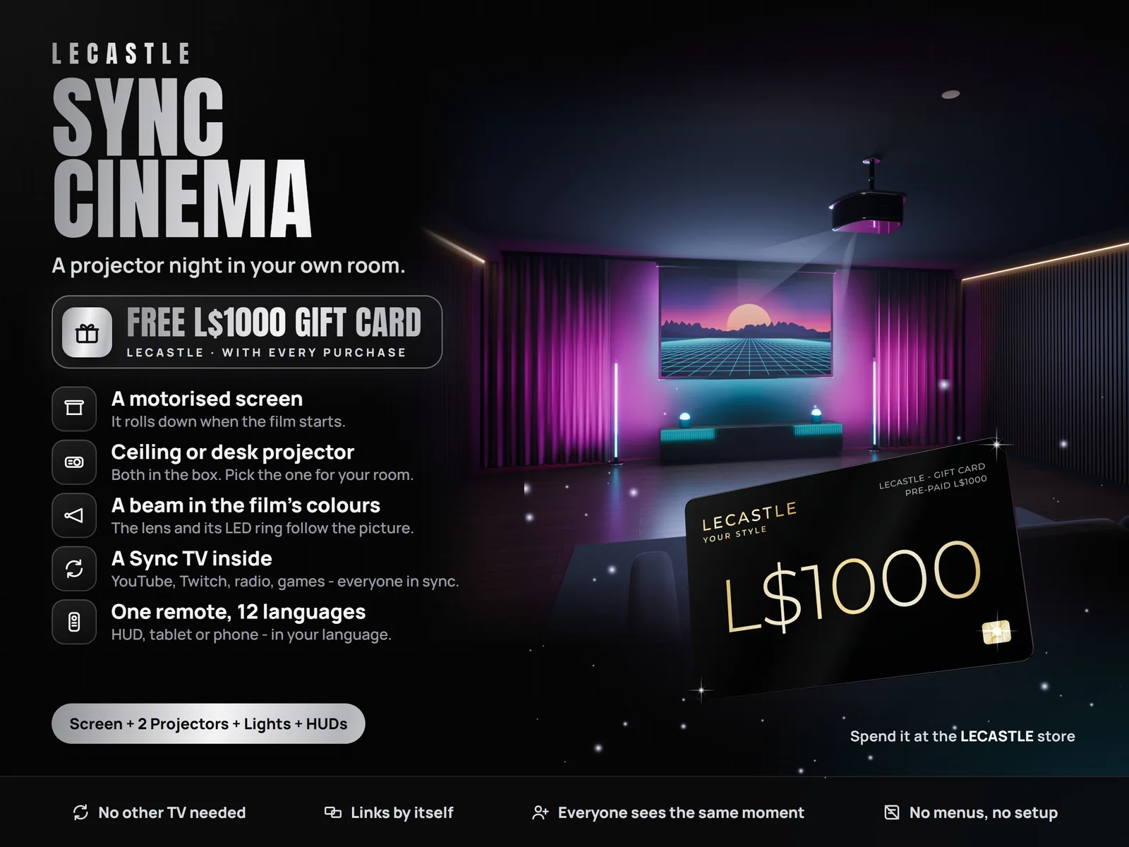 [LECASTLE] Sync Cinema - Motorised Screen, Ceiling & Desk Projector, Live Beam & Room Lights