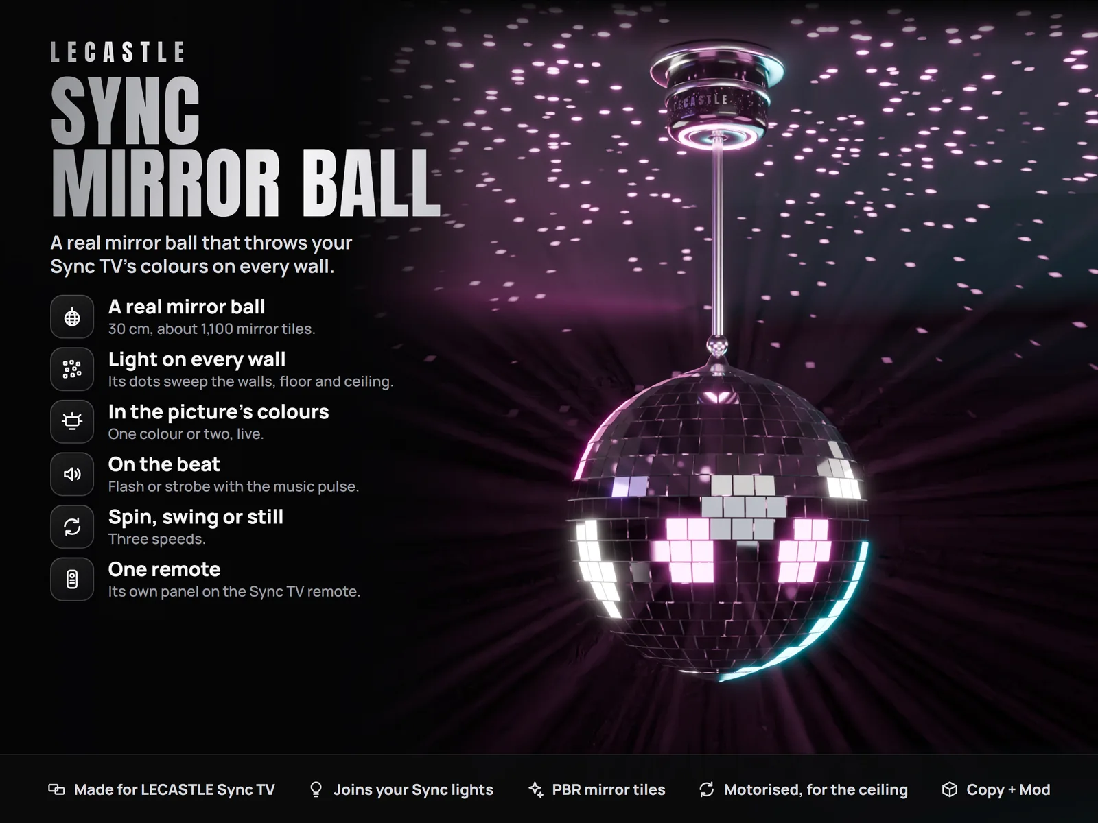LECASTLE Sync Mirror Ball for Sync TV - Disco Ball, Light Dots on Every Wall, In the Picture's Colours