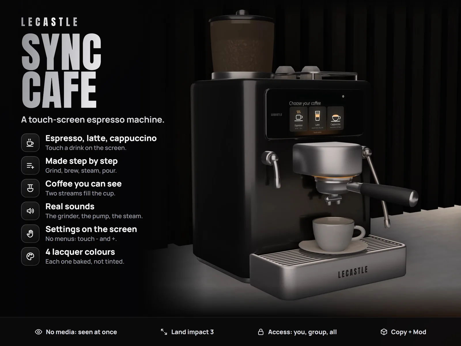 LECASTLE Sync Cafe - Touch-Screen Espresso Machine: Espresso, Latte, Cappuccino, Coffee Streams, Steam, Sound, 4 Colours