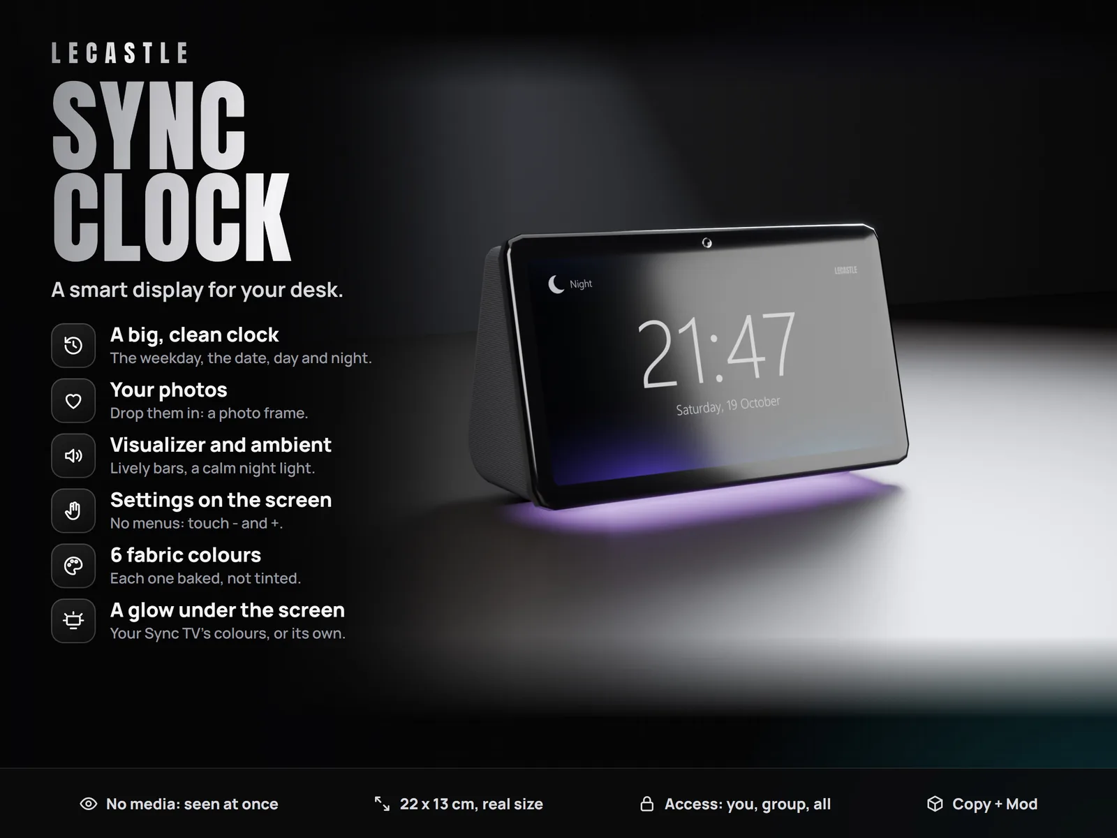 [LECASTLE] Sync Clock - Smart Display: Clock, Photo Frame, Visualizer, Ambient Glow, 6 Fabric Colours, Sync TV Light