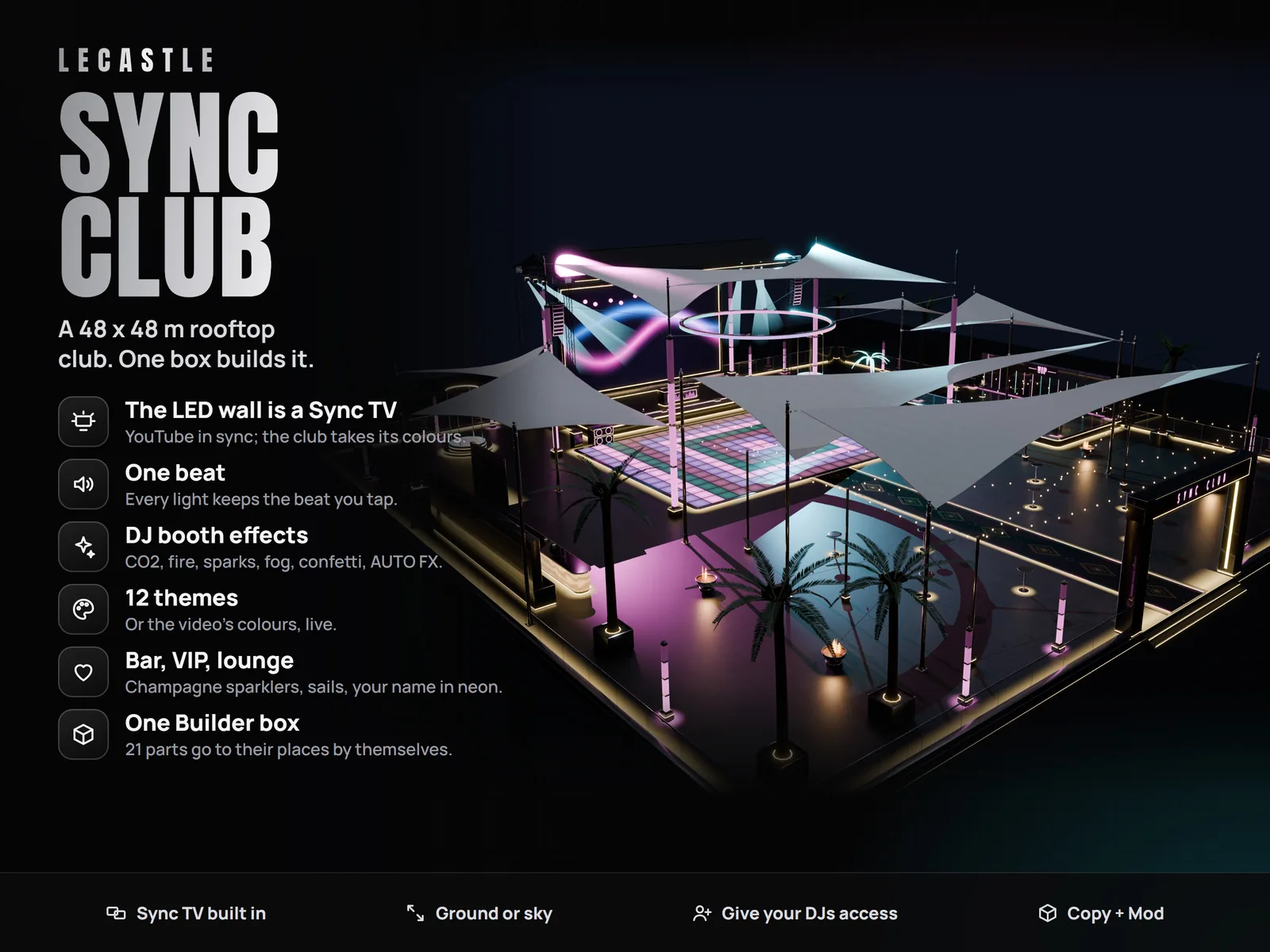 LECASTLE Sync Club - Rooftop 48x48 Club Kit: LED Wall Sync TV, DJ Booth, Club Lights on the Beat, Builder Box