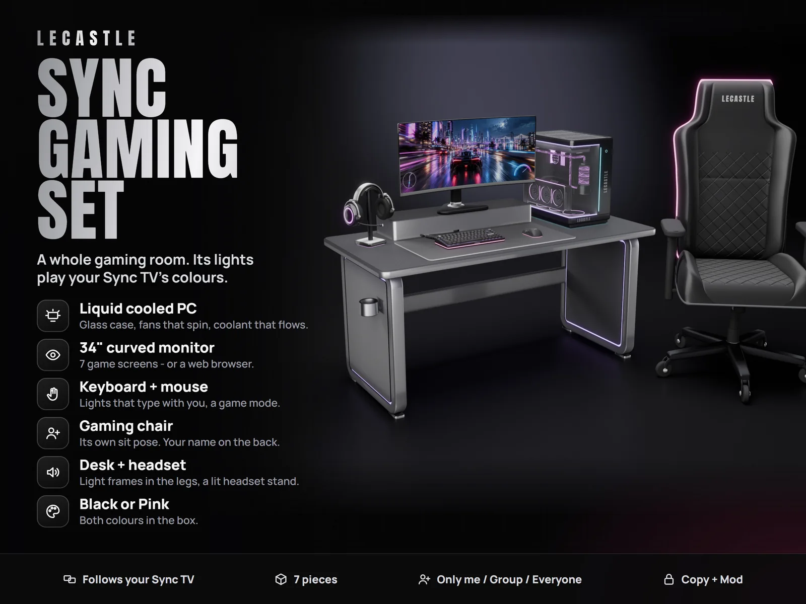 [LECASTLE] Sync Gaming Set - Liquid Cooled PC, 34" Curved Monitor, Gaming Chair, Desk, Keyboard, Mouse, Headset