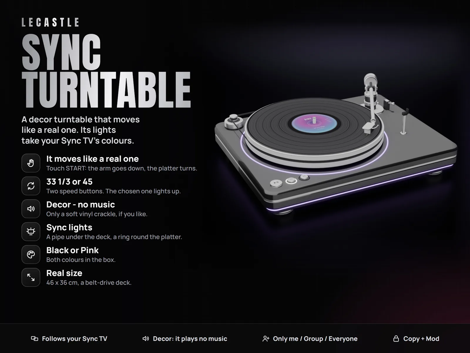 LECASTLE Sync Turntable - Decor Record Player: Moving Tonearm, 33 / 45 RPM, Vinyl Crackle, Sync TV Light, Black or Pink