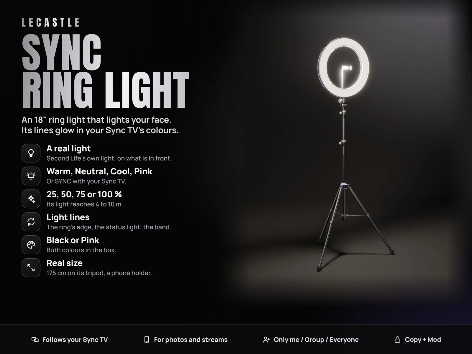 [LECASTLE] Sync Ring Light - 18 Inch Ring Light, Tripod, Real Light: 4 Colours, 4 Steps, Sync TV Colours, Black or Pink