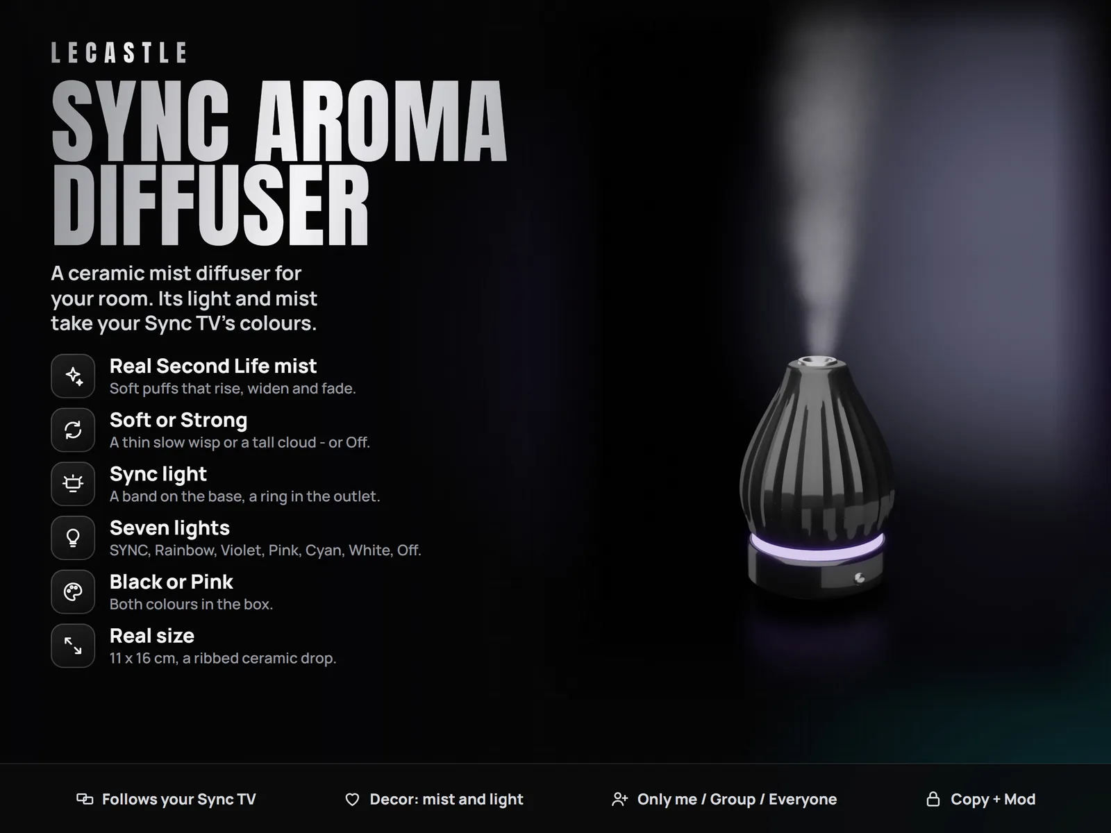 LECASTLE Sync Aroma Diffuser - Decor Ceramic Mist Diffuser: Real SL Mist, Soft or Strong, 7 Lights, Sync TV, Black, Pink