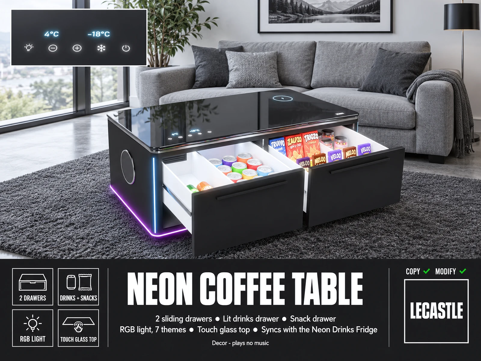 [LECASTLE] Neon Drinks Fridge - Decor Mini Glass-Door Cooler: Neon Art, Inside Light, 4 Drink Sets, Touch Keys